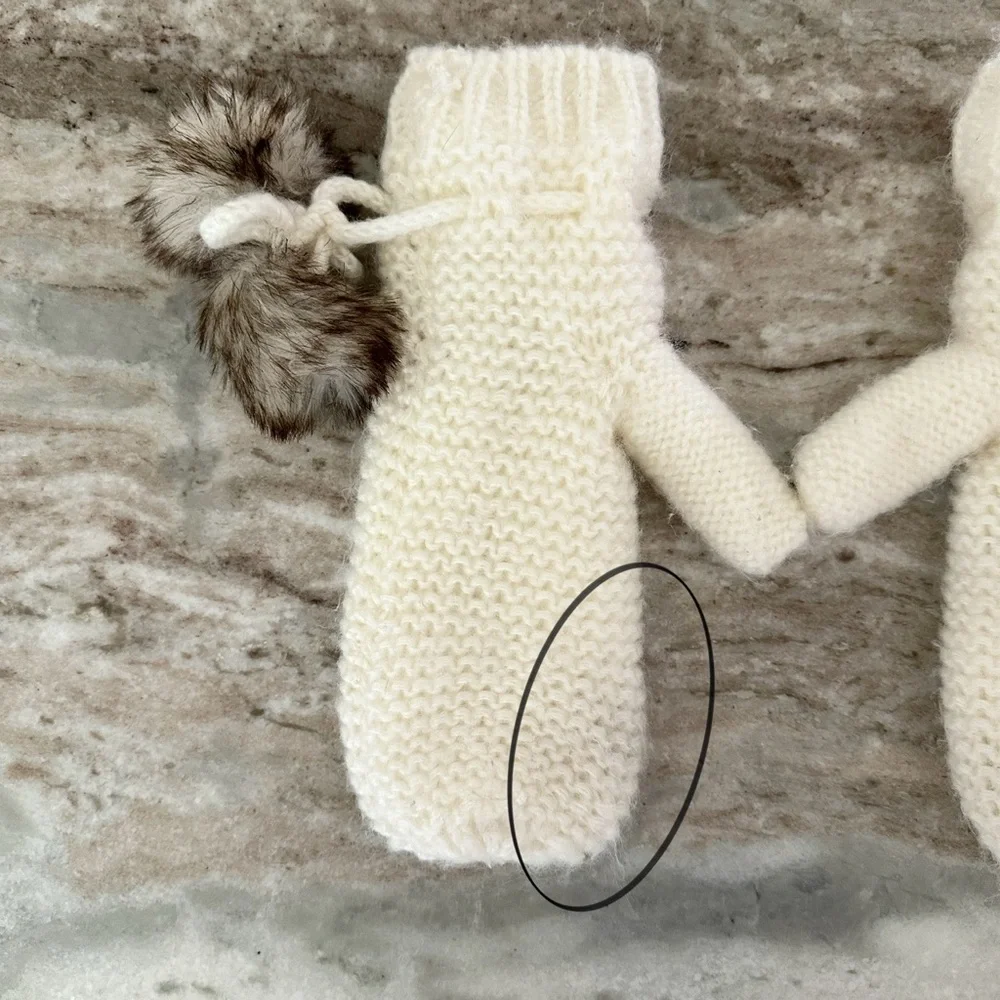 Cream Cozy Fleece Lined Knit Mittens Faux Fur Pom Poms - Winter / Cold Weather